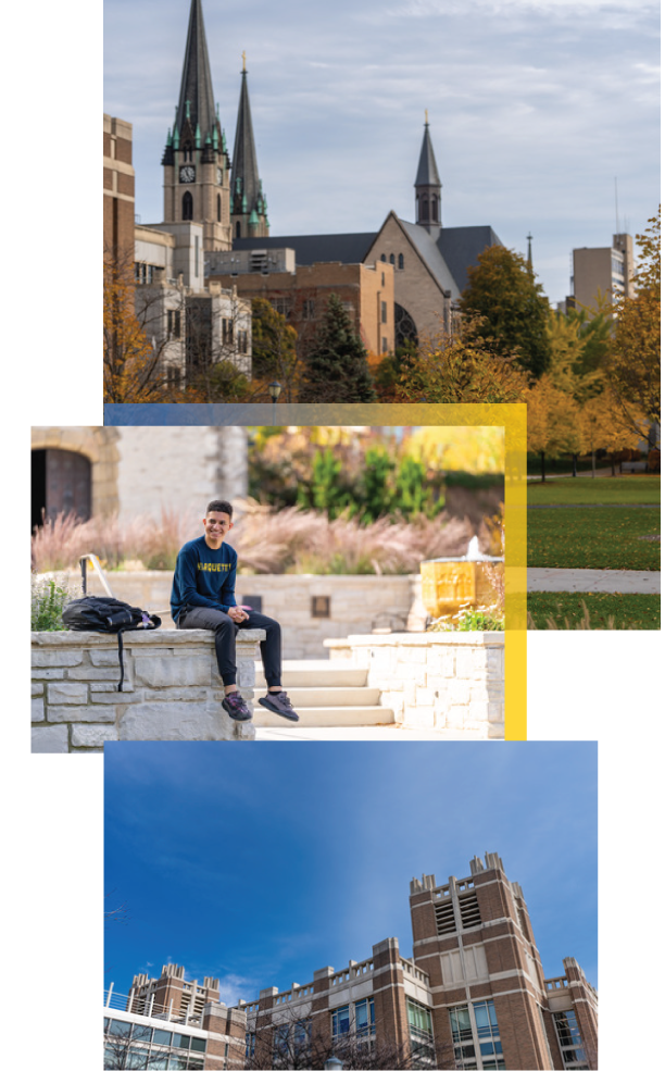 collage of marquette campus shows church of the gesu, student, and reynold library