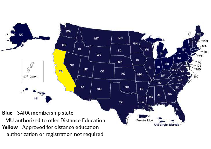 Map of states that participate in the National Council for State Authorization Reciprocity Agreement