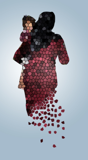 Mosaic of a disappearing refugee mother and child.