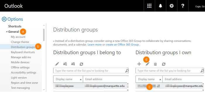 Distribution lists you belong to and distribution groups you own show in the middle pane.