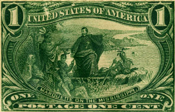 Photo of postage stamp with Marquette on the Mississippi