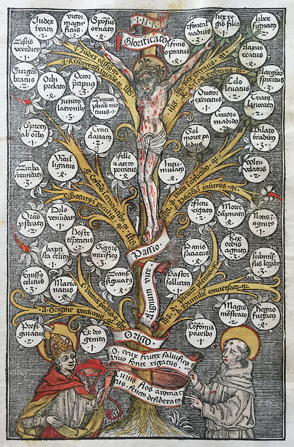 Hand-tinted woodcut of tree of sanguinity