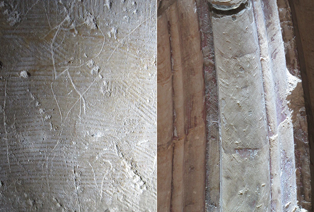 Graffiti depicting the letter R; and scratches which may be from modern tools cleaning up the medieval graffiti 